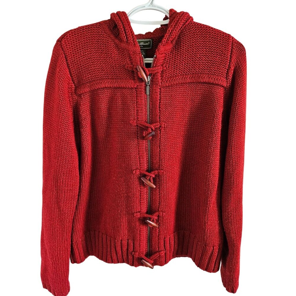 Eddie Bauer Woman SZ L Chunky Wool Blend Knit Hooded Sweater Zip & Toggle Nature